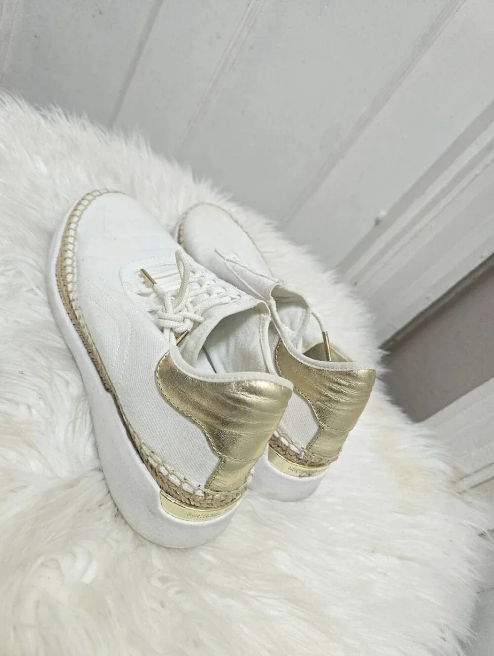 Michael Kors Finch Lace Up Canvas Sneakers White & Rose Gold Espadrille Sz 8M